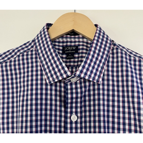 J Crew Mens Slim Performance Button Up Shirt Size L Navy Check Office Church - Picture 4 of 6